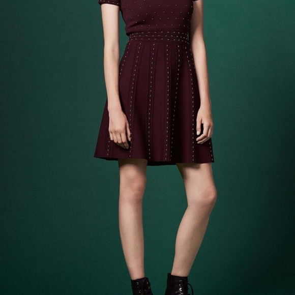 ✨sold✨ sandro • montaigne bordeaux bead embellished stud fit flare studded dress - Picture 6 of 12